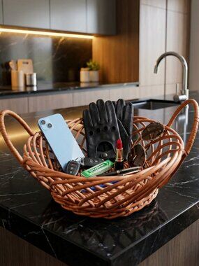 Vintage Boho Chic Wicker Rattan Bowl Basket Farmhouse Rustic Decor w/Handles